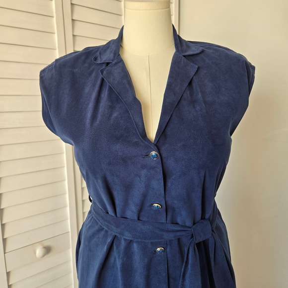 Vtg 90s Navy Faux Suede Button Front Midi Dress Sz L Handmade Minimalist Artisan - Picture 3 of 10